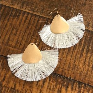 Large white fringe fan earrings